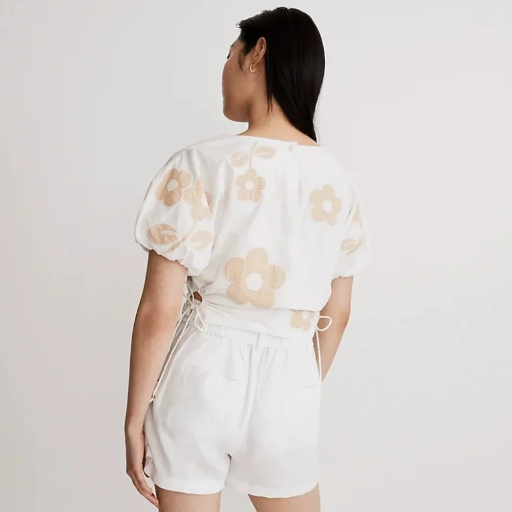 Madewell Embroidered Poplin Puff-Sleeve Cutout Crop Top (Size XXS)